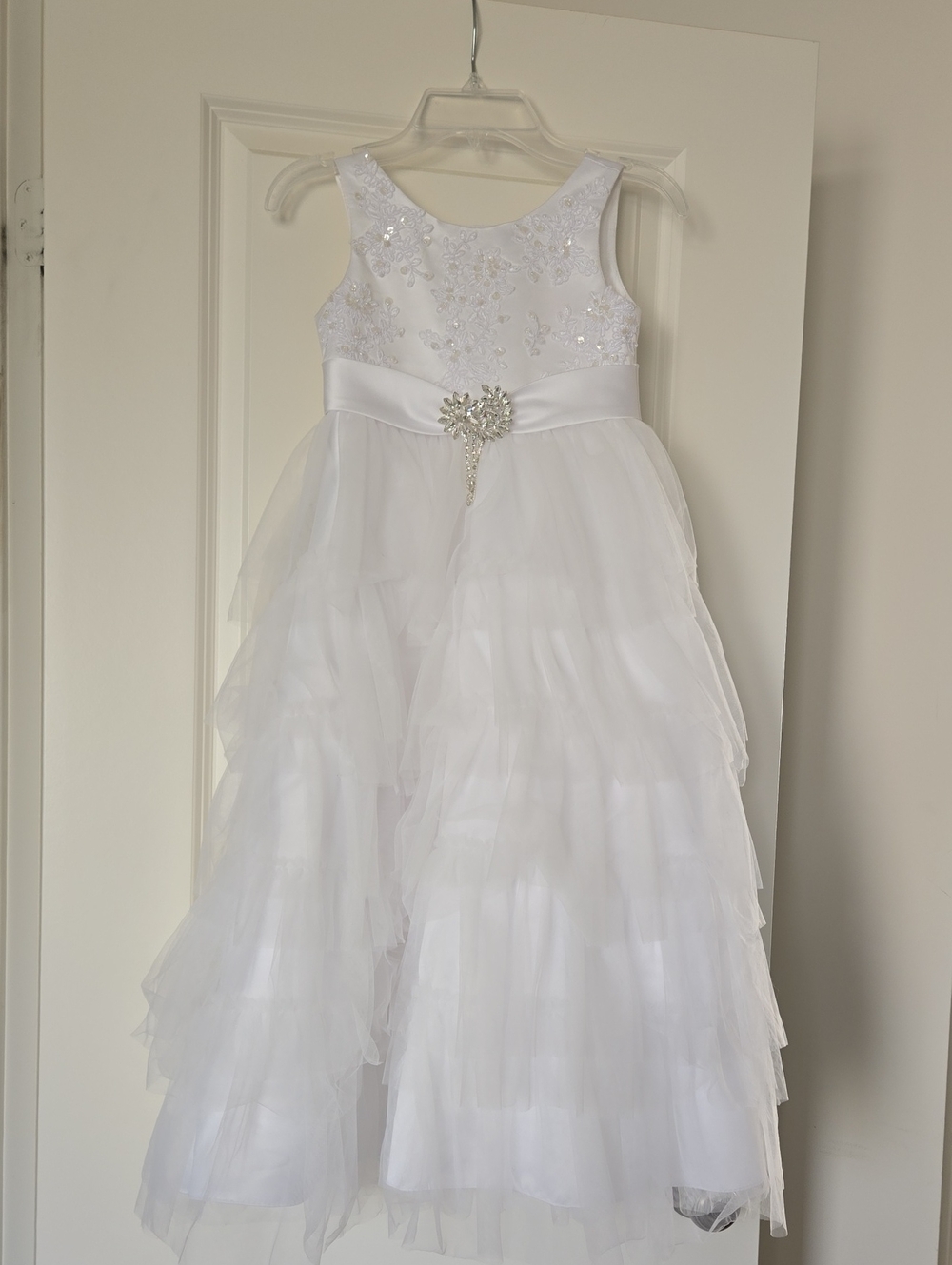 White Tiered Tulle Flower Girl Dress With Brooch